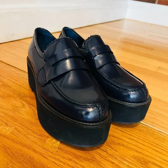 Jil Sander Navy Blue Leather Platform Shoes Eur 38.5 US 8 Chunky Loafers - Picture 3 of 15